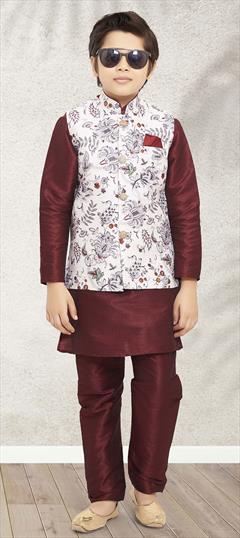 Red and Maroon color Boys Kurta Pyjama with Jacket in Art Silk fabric with Weaving work : 1842919