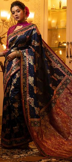 Reception Blue color Saree in Banarasi Silk, Silk fabric with South Weaving work : 1843006