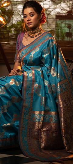 Reception Blue color Saree in Banarasi Silk, Silk fabric with South Weaving work : 1843010