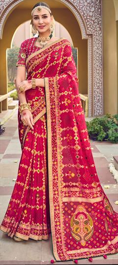 Reception, Wedding Pink and Majenta color Saree in Georgette fabric with Classic Embroidered, Thread work : 1843024