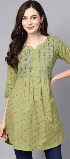 Casual Green color Kurti in Cotton fabric with A Line, Long Sleeve Printed work : 1843031