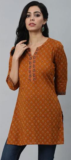 Casual Yellow color Kurti in Cotton fabric with Long Sleeve, Straight Printed work : 1843038