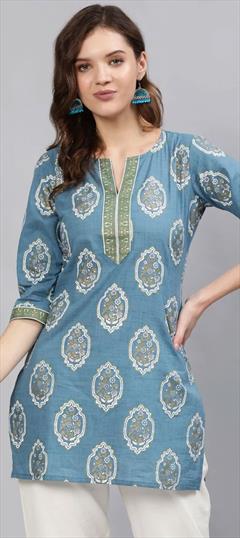 Casual Blue color Kurti in Cotton fabric with Long Sleeve, Straight Printed work : 1843042