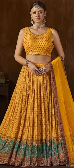 Designer, Reception, Wedding Yellow color Ready to Wear Lehenga in Georgette fabric with A Line Digital Print work : 1843264