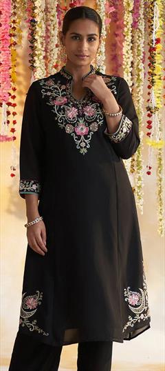Casual Black and Grey color Kurti in Georgette fabric with Long Sleeve, Straight Embroidered work : 1843365