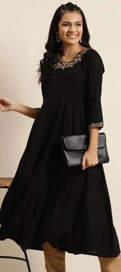 Casual Black and Grey color Kurti in Rayon fabric with Anarkali, Long Sleeve Embroidered work : 1843373