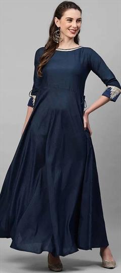 Casual Blue color Kurti in Rayon fabric with Anarkali, Long Sleeve Embroidered work : 1843375