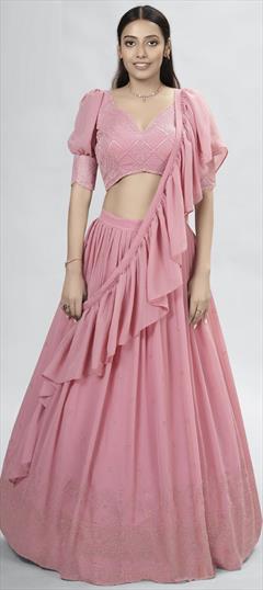 Designer, Engagement, Reception Pink and Majenta color Lehenga in Georgette fabric with A Line Sequence, Thread work : 1843387