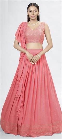 Designer, Engagement, Reception Pink and Majenta color Lehenga in Georgette fabric with A Line Sequence, Thread work : 1843389