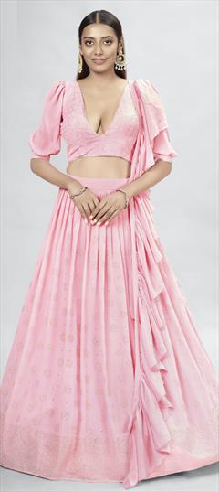 Designer, Engagement, Reception Pink and Majenta color Lehenga in Georgette fabric with A Line Sequence, Thread work : 1843397