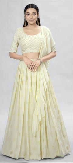 Festive, Reception Yellow color Lehenga in Georgette fabric with A Line Sequence, Thread work : 1843405