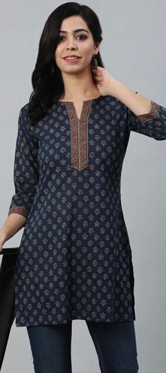 Casual Blue color Kurti in Cotton fabric with Long Sleeve, Straight Printed work : 1843434