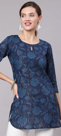 Casual Blue color Kurti in Cotton fabric with Long Sleeve, Straight Floral, Printed work : 1843438