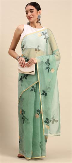 Party Wear Green color Saree in Organza Silk fabric with Classic Floral, Printed work : 1843451