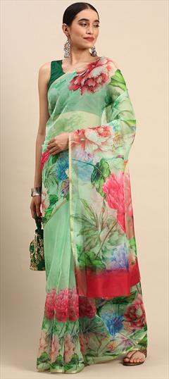 Party Wear Green color Saree in Organza Silk fabric with Classic Floral, Printed work : 1843466