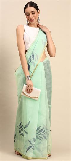Party Wear Green color Saree in Organza Silk fabric with Classic Floral, Printed work : 1843468