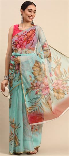 Party Wear Blue color Saree in Organza Silk fabric with Classic Floral, Printed work : 1843469