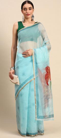 Party Wear Blue color Saree in Organza Silk fabric with Classic Floral, Printed work : 1843470