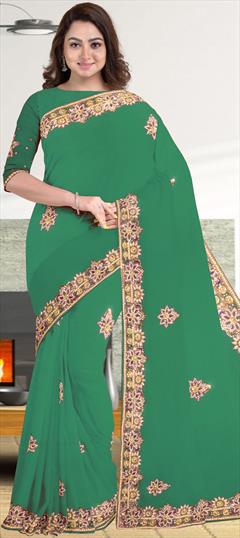 Bridal, Wedding Green color Saree in Georgette fabric with Classic Stone work : 1843558