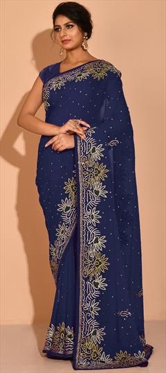Bridal, Wedding Blue color Saree in Georgette fabric with Classic Stone work : 1843559