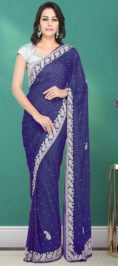 Bridal, Wedding Blue color Saree in Georgette fabric with Classic Stone work : 1843563