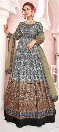 Festive, Party Wear Black and Grey color Gown in Dolla Silk fabric with Digital Print, Embroidered, Sequence work : 1843621