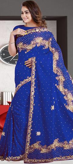 Bridal, Wedding Blue color Saree in Georgette fabric with Classic Stone work : 1843622