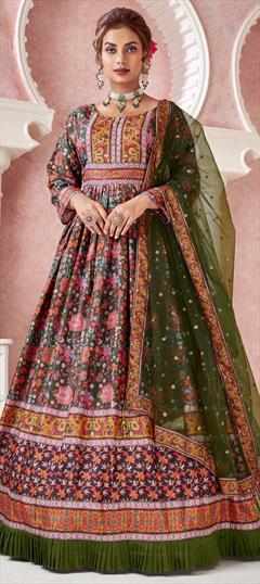 Festive, Party Wear Green color Gown in Dolla Silk fabric with Digital Print, Embroidered, Sequence work : 1843623