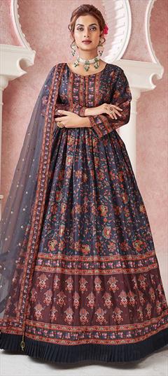 Festive, Party Wear Blue color Gown in Dolla Silk fabric with Digital Print, Embroidered, Sequence work : 1843624