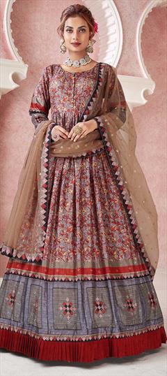 Festive, Party Wear Red and Maroon color Gown in Dolla Silk fabric with Digital Print, Embroidered, Sequence work : 1843626