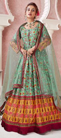 Festive, Party Wear Green color Gown in Dolla Silk fabric with Digital Print, Embroidered, Sequence work : 1843627