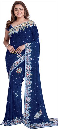 Bridal, Wedding Blue color Saree in Georgette fabric with Classic Stone work : 1843629