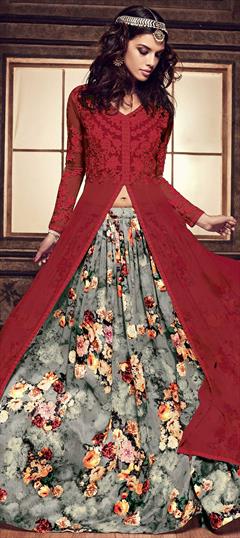 Festive, Reception Black and Grey, Red and Maroon color Long Lehenga Choli in Georgette, Net fabric with Embroidered, Floral, Printed, Stone work : 1843676