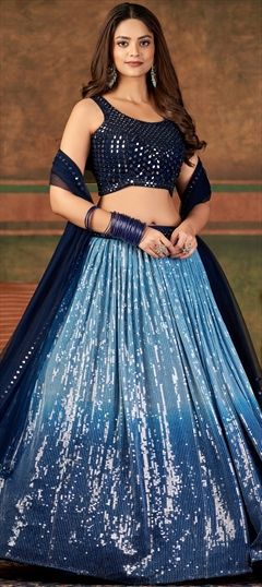 Designer, Reception, Wedding Black and Grey color Ready to Wear Lehenga in Georgette fabric with Flared Sequence work : 1843768