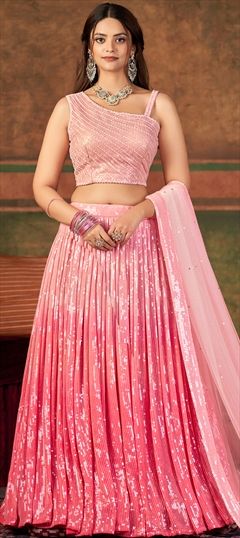 Designer, Reception, Wedding Pink and Majenta color Ready to Wear Lehenga in Georgette fabric with Flared Sequence work : 1843771