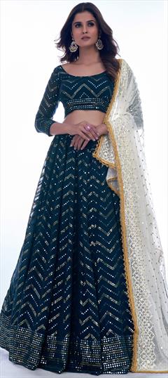 Designer, Reception, Wedding Blue color Lehenga in Georgette fabric with A Line Sequence, Thread work : 1843924