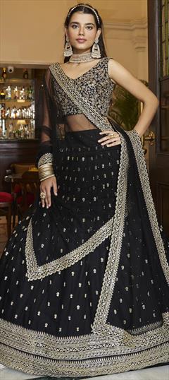 Designer, Reception, Wedding Black and Grey color Lehenga in Net fabric with A Line Sequence, Zari work : 1843927