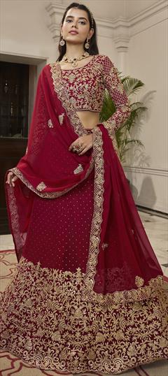 Bridal, Designer Red and Maroon color Lehenga in Georgette fabric with A Line Sequence, Zari work : 1843930