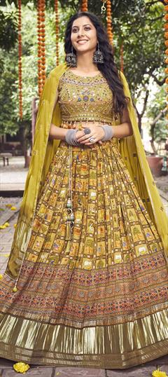 Designer, Reception, Wedding Yellow color Ready to Wear Lehenga in Art Silk fabric with Flared Digital Print, Embroidered, Resham, Stone, Zari work : 1843934