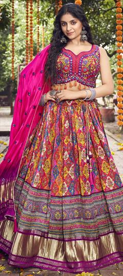Designer, Reception, Wedding Pink and Majenta, Yellow color Ready to Wear Lehenga in Art Silk fabric with Flared Digital Print, Embroidered, Resham, Stone, Zari work : 1843936