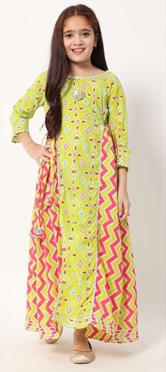 Casual Green color Girls Dress in Cotton fabric with Gota Patti, Printed work : 1844016
