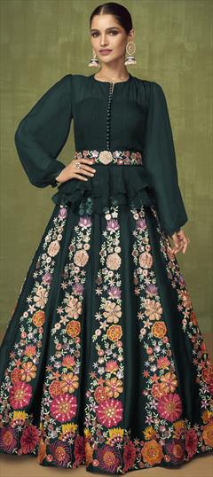 Engagement, Reception Green color Long Lehenga Choli in Georgette fabric with Embroidered, Sequence, Thread, Zari work : 1844085