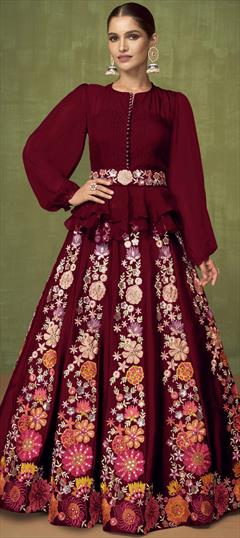 Engagement, Reception Red and Maroon color Long Lehenga Choli in Georgette fabric with Embroidered, Sequence, Thread, Zari work : 1844089