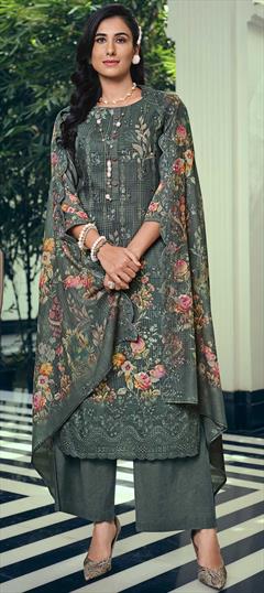 Designer, Party Wear Black and Grey color Salwar Kameez in Muslin fabric with Palazzo Digital Print work : 1844099