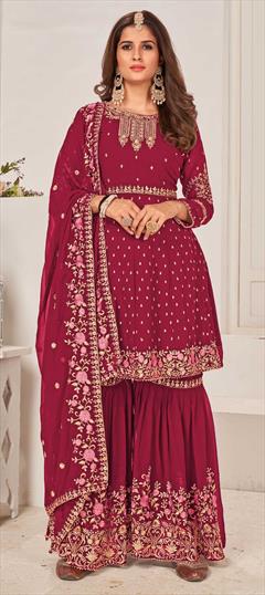 Bollywood Red and Maroon color Salwar Kameez in Georgette fabric with Sharara Embroidered, Thread, Zari work : 1844404