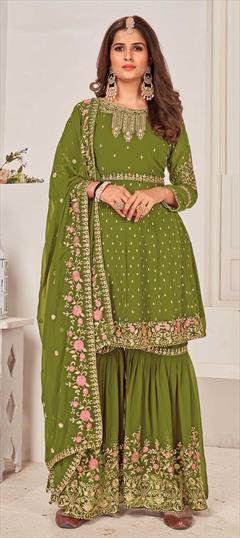 Bollywood Green color Salwar Kameez in Georgette fabric with Sharara Embroidered, Thread, Zari work : 1844406