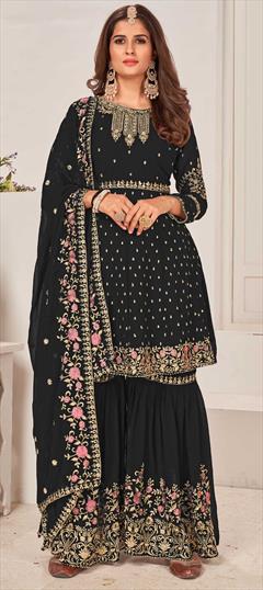 Bollywood Black and Grey color Salwar Kameez in Georgette fabric with Sharara Embroidered, Thread, Zari work : 1844409