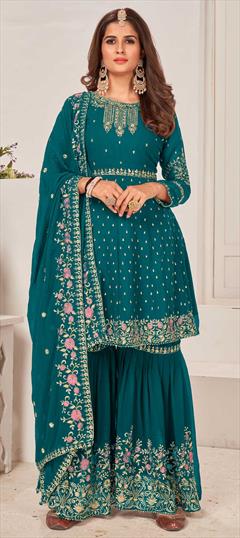Bollywood Blue color Salwar Kameez in Georgette fabric with Sharara Embroidered, Thread, Zari work : 1844411