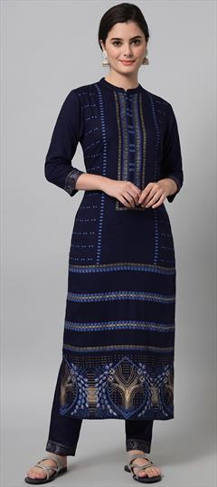 Casual, Festive Blue color Kurti in Rayon, Viscose fabric with Straight Printed work : 1844508