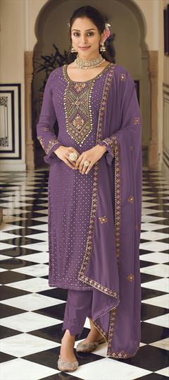 Festive, Party Wear Purple and Violet color Salwar Kameez in Faux Georgette fabric with Straight Embroidered, Sequence, Thread work : 1844579